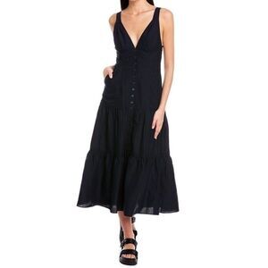 A.L.C. Jolie Silk & Linen Blend Tiered Button Front Midi Dress in Navy Blue Sz 6